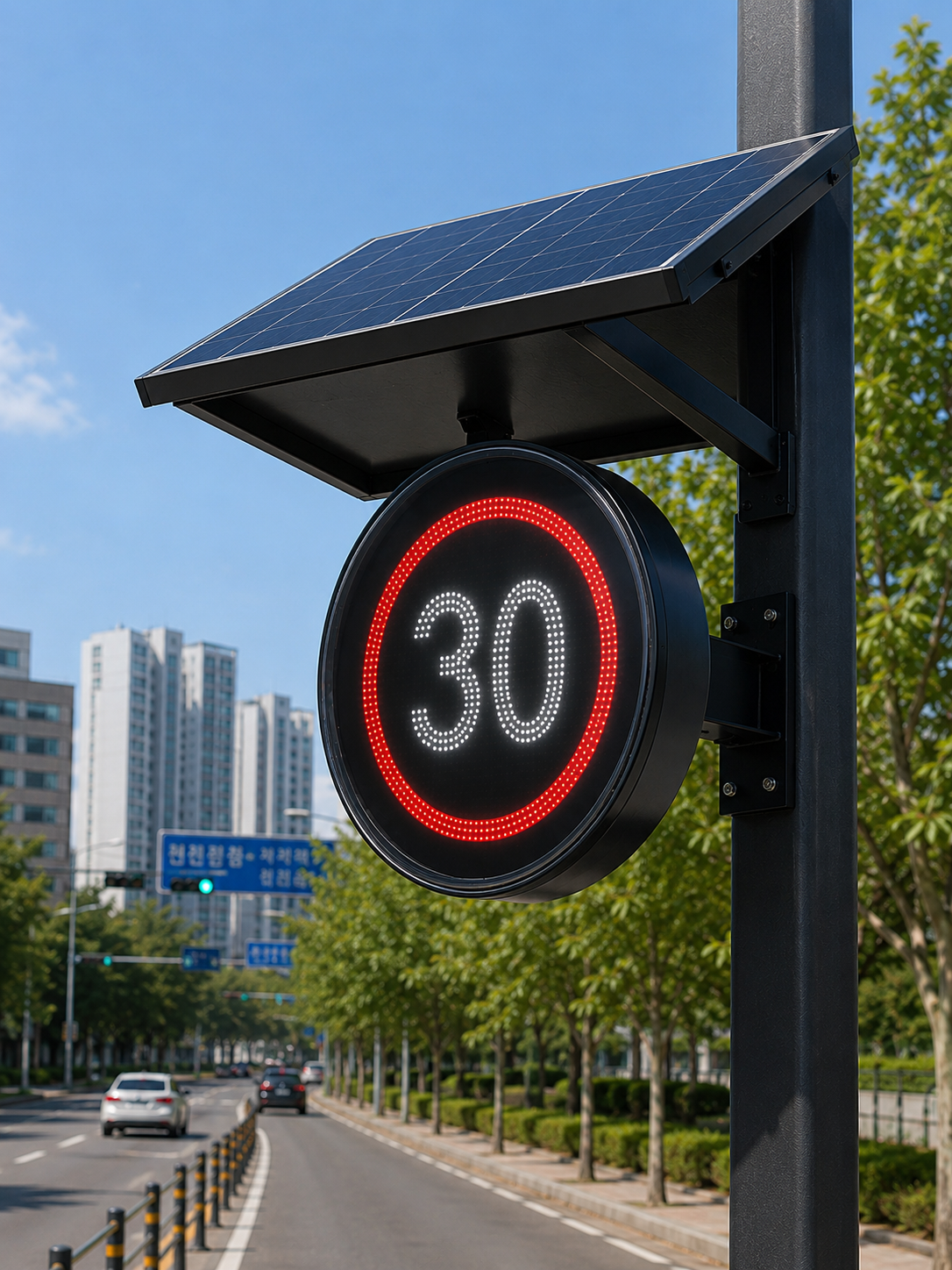 An intelligent road traffic sign installed roadside (speed limit 30)
